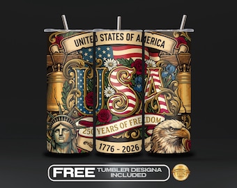 Retro USA 250 Tumbler Wrap PNG, Celebrate 250th Anniversar, Patriotic 1776–2026 Sublimation, Vintage America 20oz Skinny, (Digital Download)