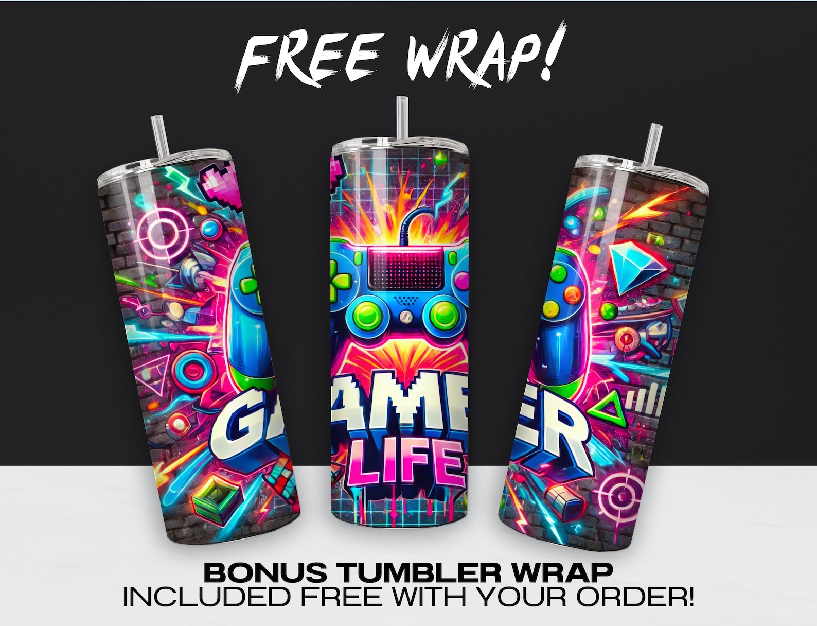 Gamer Life Tumbler Wrap PNG, Neon Graffiti Gamer Clipart, Video Gaming ...