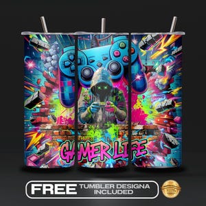 Puede incluir: Un vaso con un diseño vibrante que presenta a un jugador con un brillo verde neón, sosteniendo un controlador. El diseño incluye un gran controlador azul, una pared de ladrillos y las palabras "GAMER LIFE" en estilo graffiti. Incluye una pajita.