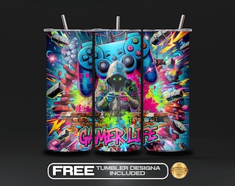 Gamer Life Tumbler Wrap PNG, Neon Graffiti Gamer Clipart, Video Gaming Sublimation, Player Controller Art 20 oz, Instant Digital Download