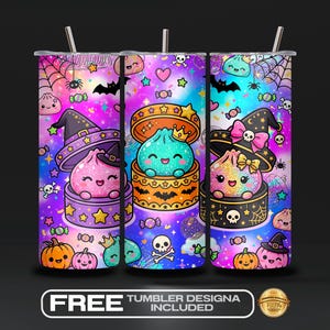 May include: A cylindrical tumbler featuring a vibrant galaxy-themed background in shades of purple, blue, and pink. The design includes cartoon-style dumplings in bamboo steamers, witch hats, pumpkins, bats, skulls, and candy icons throughout.