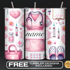 Envoltura de vaso para enfermera PNG, regalo personalizado para estudiantes de enfermería, sublimación delgada de 20 oz, vida de enfermera, descarga digital con tema médico, rosa personalizado