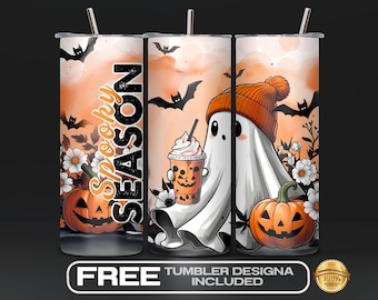 Spooky Season Halloween Tumbler Wrap PNG, witch bats pumpkin, Ghost Fall Seamless, 20 oz Skinny & Straight Sublimation, Digital Download