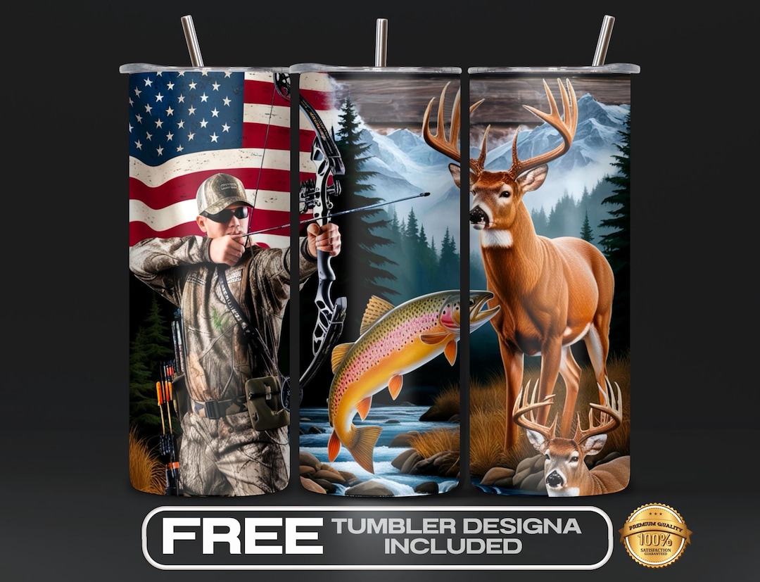 American Flag Trout Fishing Deer Camo Tumbler Wrap PNG, 20 Oz Hunting ...