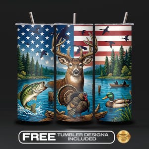 Patriotic Wildlife Hunting Tumbler Wrap PNG , Deer and Turkey Hunting, American Flag Deer Sublimation, Rustic Hunter 20 oz, Instant Download