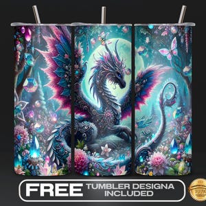 May include: A sublimation design featuring a purple and blue dragon with intricate details and a floral background. The design is perfect for a tumbler or other drinkware.