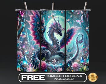 Seamless Blue Gem Dragon & Lotus Forest Tumbler Wrap PNG, Sublimation Design, Fantasy Tumbler WrapDigital Download, Unique Tumbler Design