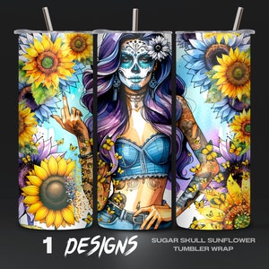Gobelet enveloppant tournesol tournesol PNG, téléchargement numérique, graphismes personnalisés pour gobelet, conception inspirée de Dia de los Muertos, fichier gobelet sans couture