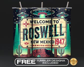 Roswell New Mexico Tumbler Wrap 20oz PNG, Retro Alien Area 51, Alien Theme, Long Sleeve, Kids Tee, Outer Space Adventure, UFO Design