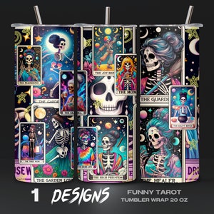 Spielerische Skeleton Tarot Karten Tumbler Wrap PNG-Datei, Humorvolle Skelett, Instant Download Tumbler, Sublimation Wrap, Tarot-Themed, DIY Tarot