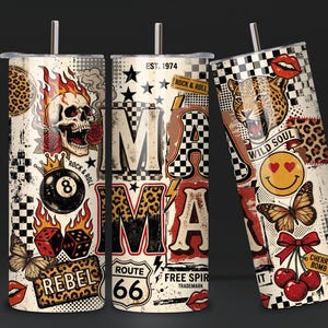 May include: Three stainless steel tumblers with a distressed, vintage design. The tumblers feature a skull, dice, and the text "REBEL" on one, "MAMA" and "ROUTE 66" on another, and a leopard, smiley face, and the text "WILD SOUL" on the third.