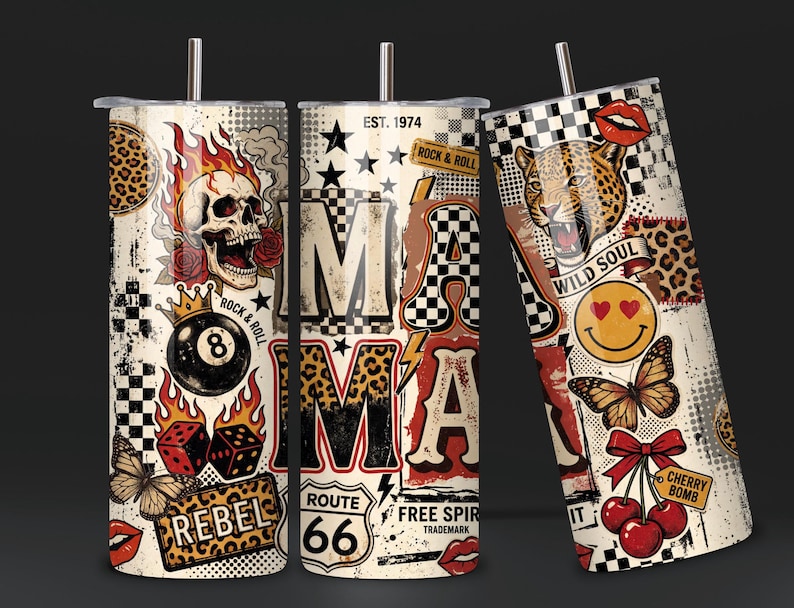 May include: Three stainless steel tumblers with a distressed, vintage design. The tumblers feature a skull, dice, and the text "REBEL" on one, "MAMA" and "ROUTE 66" on another, and a leopard, smiley face, and the text "WILD SOUL" on the third.