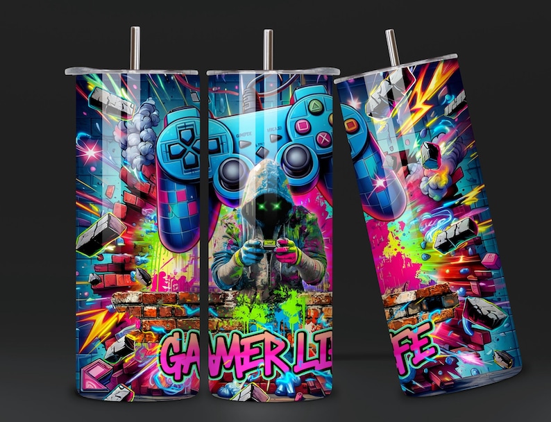 Gamer Life Tumbler Wrap PNG, Neon Graffiti Gamer Clipart, Video Gaming ...