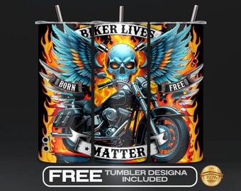 May include: A black and orange tumbler design with a skull and wings, a motorcycle, and flames. The text "Biker Lives Matter" is printed on the tumbler.