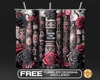 Diseño de vaso térmico "Romancetasy Prefer the Villain" PNG, sublimación para amantes de los libros de fantasía, diseño de vaso térmico delgado de 20 oz, descarga digital estilo Dark Academia.
