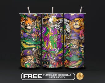 La Weezy Ana Mardi Gras Tumbler Wrap PNG, jaktdjur, sublimering av kungstårta Louisiana-karta, lila grönt guld, direktnedladdning