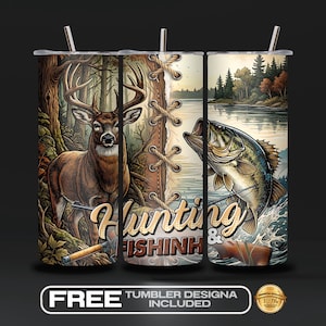 Könnte beinhalten: Ein Edelstahlbecher mit Jagd- und Angelmotiv. Das Design zeigt einen Hirsch in einem Wald, einen Fisch, der aus dem Wasser springt, und die Worte "Hunting & Fishing". Enthält einen Strohhalm.