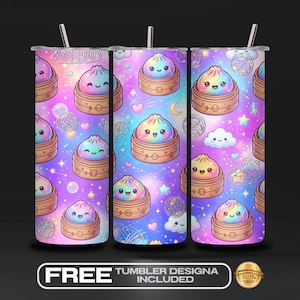 May include: Three stainless steel tumblers with a repeating pattern of smiling dumplings in bamboo steamers, set against a pastel galaxy background. The tumblers have silver straws and the text "FREE TUMBLER DESIGNA INCLUDED".