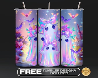 Iridescent Ghost Pumpkin Tumbler Wrap PNG, Holographic Ghost Pumpkin Sublimation, Girly Spooky Season Retro Neon Graphic, Digital Download