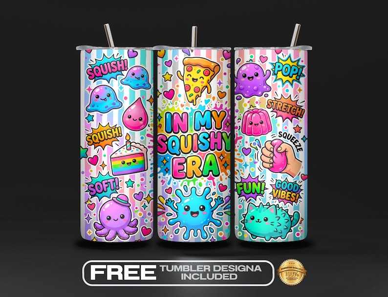 Squishy Era Tumbler Wrap PNG, Kawaii Sensory Toy Sublimation, squishy lover gift, Playful Aesthetic 20 oz Skinny, Digital Download image 1