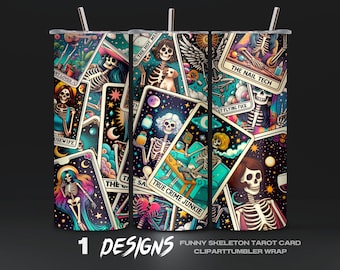 Funny Skeleton Tarot Card Tumbler Wrap PNG File, Halloween Tumbler Wrap, Gothic Digital Download, Spooky Skeleton Art, Instant Download, DIY