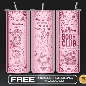 Witchy Gothic Smut Reader Tumbler Wrap PNG, Dark Romance Boho Pink Tumbler Design, 20oz Skinny Sublimation Wrap, Seamless Sublimation Design