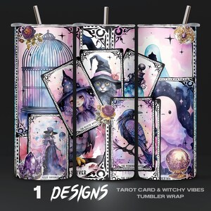 Aquarell Hexe & Tarot Karten Tumbler Wrap PNG, digitaler Download, mystische Hexerei Trinkgefäß Design, künstlerischer Cup Aufkleber, Tumbler 20oz