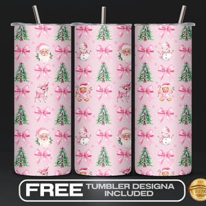 May include: Three pink and white Christmas themed tumbler designs. Each design features a pink background with white Christmas trees, reindeer, Santa Claus, snowmen, and bows. The text "FREE TUMBLER DESIGN INCLUDED" is at the bottom of the image.