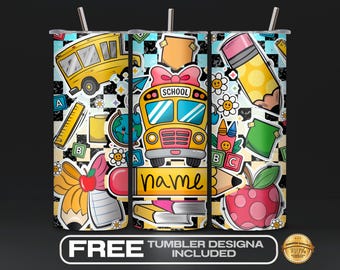 Back to School Custom Name Tumbler Wrap PNG, Welcome Back To School, Personalized Kids Water Bottle, 20 oz Sublimation, Digital Download