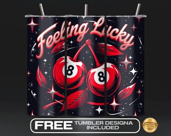 Feeling Lucky Cherries 8 Tumbler Wrap PNG, 20oz Skinny Sublimation, Trendy Country, Neon Western, Trendy Cherry 8 Ball, Digital Download
