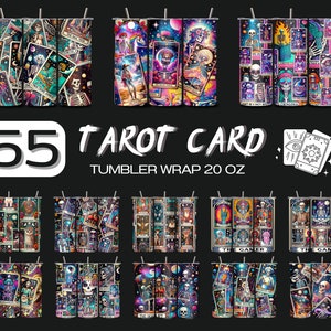 May include: 55 different designs for 20 oz tumbler wraps featuring tarot card imagery. The designs feature a variety of tarot cards, including the Fool, the Magician, the High Priestess, and the Emperor. The designs are colorful and vibrant, and they would be perfect for anyone who loves tarot cards or wants to add a touch of magic to their tumbler.