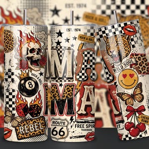 May include: Three stainless steel tumblers with a retro rock and roll theme. Designs include a skull with flames, a leopard, and the word "MAMA" with Route 66 imagery. Each tumbler features a straw and a variety of graphics.