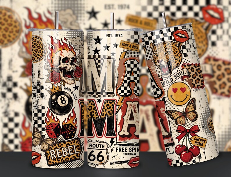 May include: Three stainless steel tumblers with a retro rock and roll theme. Designs include a skull with flames, a leopard, and the word "MAMA" with Route 66 imagery. Each tumbler features a straw and a variety of graphics.