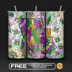 May include: A stainless steel tumbler with a vibrant Mardi Gras design. The tumbler features the text "La Weezy Ana" in purple, green, and gold, along with fleur-de-lis, masks, and musical notes. Includes a straw.