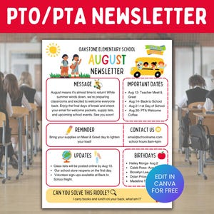 August Newsletter Template, Editable PTA PTO Monthly Newsletter, Back to School Seasonal Parent Communication, PTA Flyer, School Updates