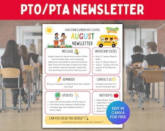 Modelo de boletim informativo de agosto, boletim informativo mensal editável da PTA, PTO, comunicação sazonal com os pais sobre o retorno às aulas, folheto da PTA, atualizações escolares