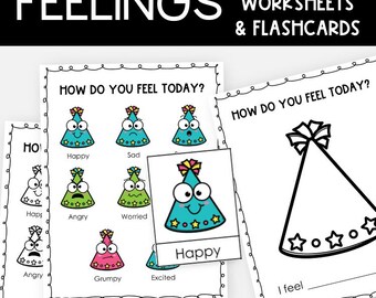 Incheckningsschema för partyhattkänslor, känslor SEL-flashkort och arbetsblad, hur känner du dig idag, utskrivbar social-emotionell inlärning