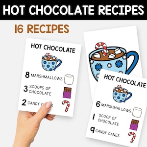 Puede incluir: Tarjetas de recetas de chocolate caliente. Presentan ilustraciones de tazas, malvaviscos, chocolate y bastones de caramelo. Las tarjetas muestran las palabras "Hot Chocolate" y enumeran ingredientes y cantidades.