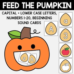 Puede incluir: Una calabaza naranja con una cara sonriente y una hoja verde. El texto "FEED THE PUMPKIN" está en la parte superior. La imagen incluye tarjetas con letras, números e imágenes de una manzana y una pera.