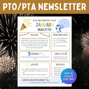 January Newsletter Template, Editable PTA PTO Monthly Newsletter, Seasonal Holiday Parent Communication, PTA President Flyer, School Updates