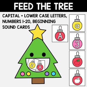 Puede incluir: Gráfico de un árbol de Navidad verde con una estrella amarilla, el texto "FEED THE TREE" y tarjetas educativas. Las tarjetas presentan letras mayúsculas y minúsculas, números del 1 al 20 y tarjetas de sonidos iniciales.