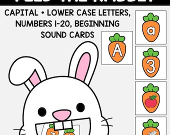 Feed the Rabbit, Preschool Sensory Bin Cards, Printable Pet Feeding Station, Learning Alphabet, Numbers and Beginning Sounds, Sensory Play