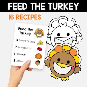 May include: A white card with the text "Feed the Turkey" and "16 Recipes" is held by a hand. The card lists ingredients like corn, cranberries, pumpkin, and acorns. A cartoon turkey illustration is next to the text. A black and white turkey outline is also present.