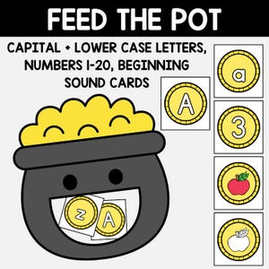 Könnte beinhalten: Cartoon-Illustration mit dem Text "FEED THE POT" oben. Das Bild zeigt einen lächelnden Goldtopf mit Münzen und Karten. Die Karten haben Buchstaben und Zahlen. Der Text auf dem Bild lautet "CAPITAL + LOWER CASE LETTERS, NUMBERS 1-20, BEGINNING SOUND CARDS."