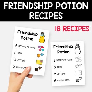 May include: Two white recipe cards with the text "Friendship Potion" and ingredient lists. The cards are titled "Friendship Potion Recipes" and "16 Recipes". One card is held by a hand. The cards feature colorful illustrations.