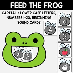 Puede incluir: Gráfico de una rana verde con el texto "FEED THE FROG" en la parte superior. La imagen incluye tarjetas con letras, números e imágenes de una manzana. El texto también incluye "CAPITAL + LOWER CASE LETTERS, NUMBERS 1-20, BEGINNING SOUND CARDS."