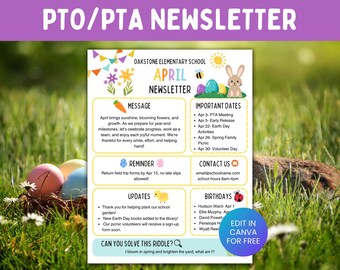 Modelo de boletim informativo de abril, boletim informativo mensal editável da PTA e da PTO, comunicação com os pais durante as férias de primavera, folheto da PTA, atualizações escolares
