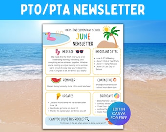 Modelo de boletim informativo de junho, boletim informativo mensal editável da PTA, PTO, comunicação com os pais durante as férias de verão, folheto da PTA, atualizações escolares