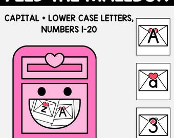 Alimenta el buzón, estación de alimentación imprimible de San Valentín, tarjetas sensoriales para preescolar, letras y números del alfabeto, centros de juego sensorial