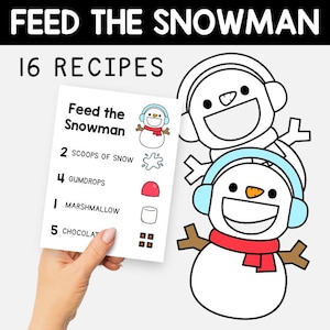 May include: A white card with the text "Feed the Snowman" and "16 Recipes" is held by a hand. The card lists ingredients like snow, gumdrops, and marshmallows. Two cartoon snowmen with earmuffs and scarves are also shown.
